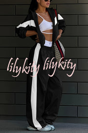 Fashionable Contrasting Long-sleeved Loose Coat and Elastic Waist Wide-leg Pants Set