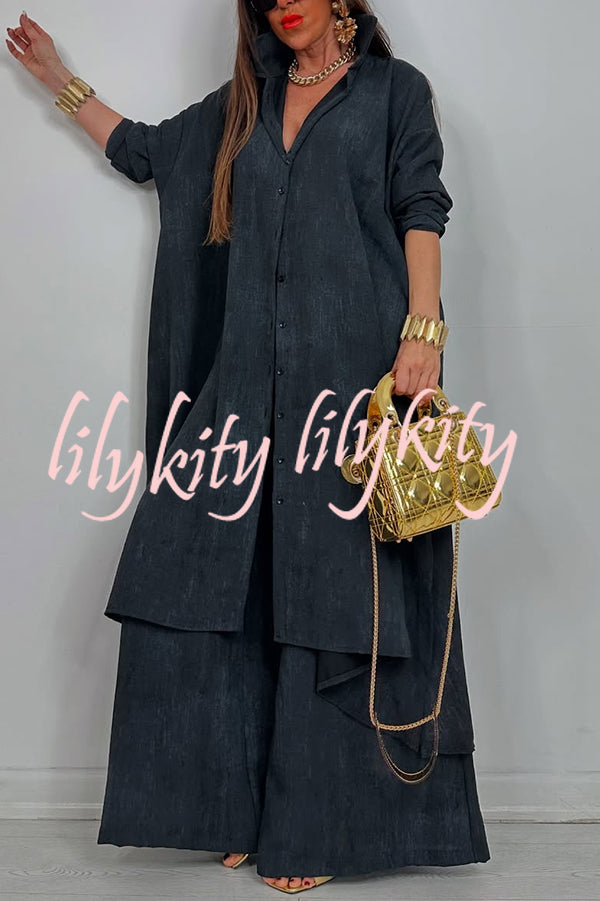 Solid Color Casual Loose Long Shirt and Elastic Waist Pocket Wide Leg Pants Set