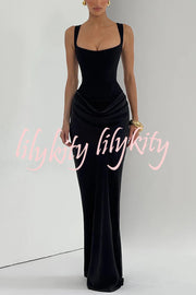 Larrah Square Neck Back Lace-up Satin Drape Hem Maxi Dress