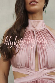 Stunning Choice Satin Pleated Halter High Neck Cutout Waist Backless Maxi Dress