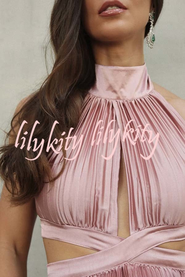 Stunning Choice Satin Pleated Halter High Neck Cutout Waist Backless Maxi Dress