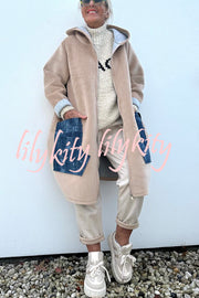 Soft and Warm Zipper Denim Pocket Long Sleeve Hooded Midi Sweatshirt Coat