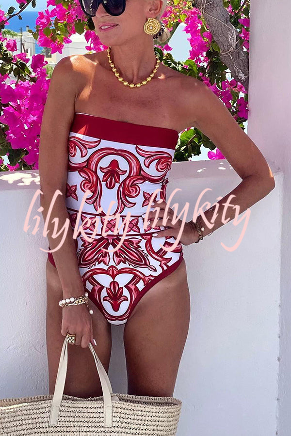 Summer Lovin Unique Royal Print Strapless One Piece Stretch Swimsuit and Pareo