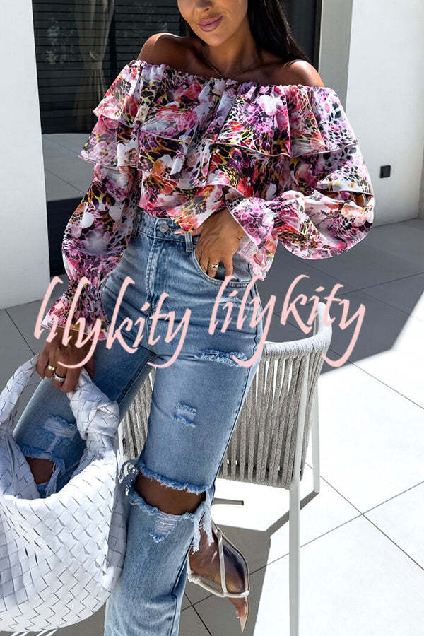 Colorful Botanical Print Sexy Off-shoulder Ruffle Top