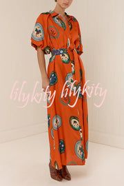 Linen Blend Unique Print Lapel Loose Tie Cardigan Maxi Dress