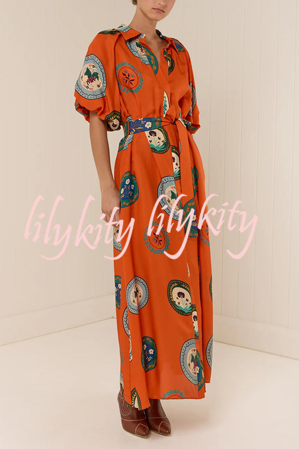 Linen Blend Unique Print Lapel Loose Tie Cardigan Maxi Dress