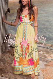Resort Style Unique Print Sexy Square Neck Backless Waist Maxi Dress