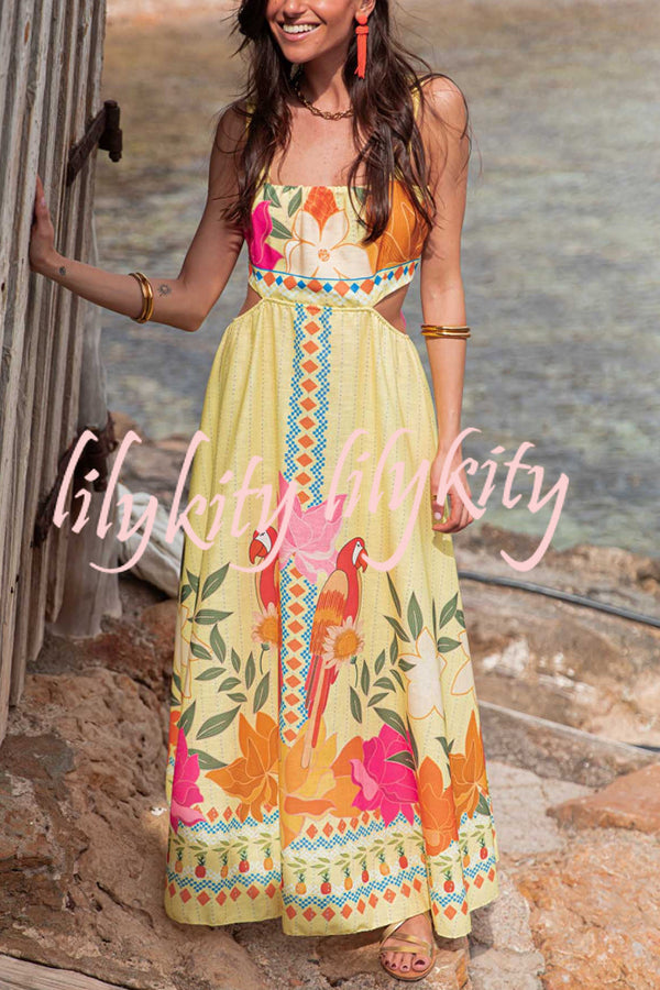 Resort Style Unique Print Sexy Square Neck Backless Waist Maxi Dress