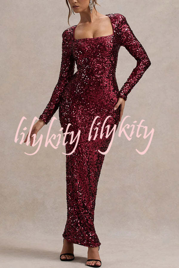 My Dreams Sparkle Sequin Square Neck Long Sleeves Slit Maxi Dress