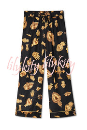Golden Night Unique Print Color-block Trim Loose Shirt and Elastic Waist Pocketed Pajama Set