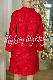 Christmas Red Tweed Fabric Braided Trim Vintage Button 3/4 Sleeve Shift Mini Dress