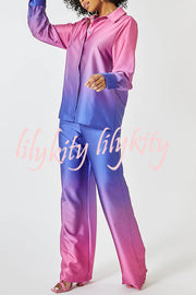 Gradient Long-sleeved Shirt Top and Loose-fitting Pocket Straight-leg Pants Set