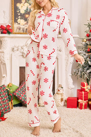Snowflake Candy Print Casual Long-sleeved Shirt and Elastic Waist Pants Set