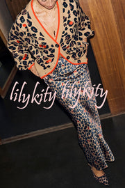 Perfect for Winter Leopard Cherry Print Knitted Button Long Sleeve Loose Cardigan
