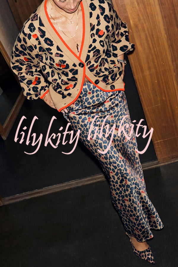 Perfect for Winter Leopard Cherry Print Knitted Button Long Sleeve Loose Cardigan