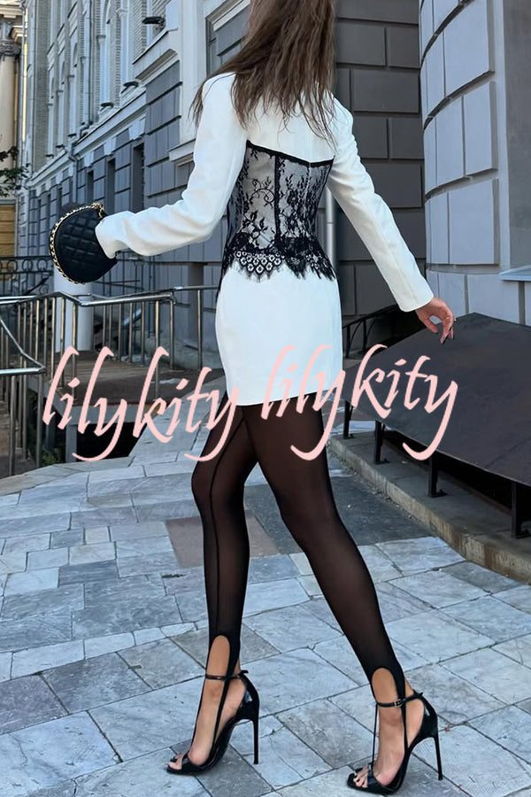 Saela Contrast Lace Corset Design V-neck Long Sleeve Tulip Mini Dress