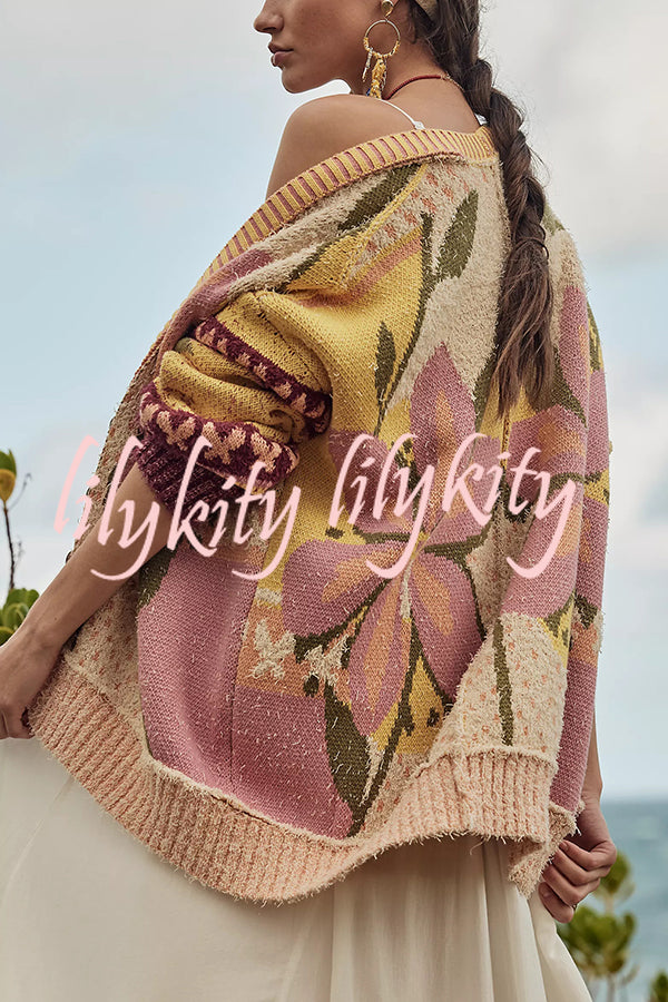 Floral Pattern Loose Long-sleeved Knitted Cardigan