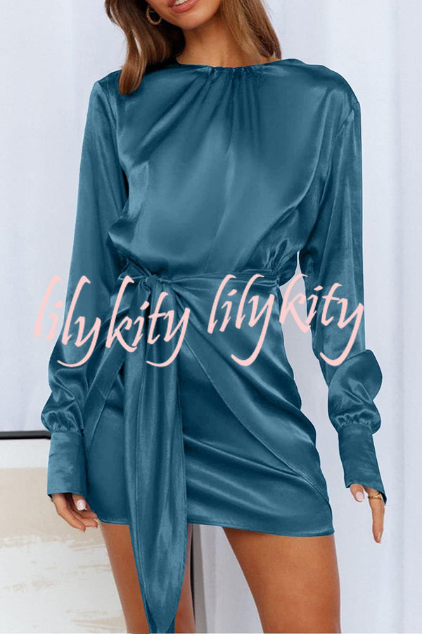 Satin Round Neck Long Sleeve Elastic Tie Mini Dress