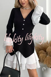 Fashionable Contrast Color Panel Long Sleeve Ruffled Mini Dress