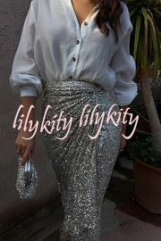 Disco Dancing Queen Sequin Wrap Tie-up Slit Midi Skirt