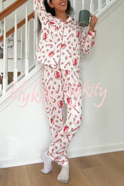 Christmas Candy and Drink Printed Long-sleeved Shirt and Elastic Waist Pocket Pants Set