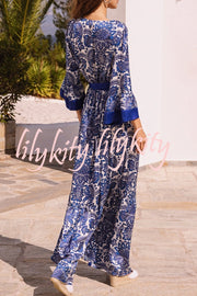 Greek Island Satin Unique Floral Print Tassel Belted Wrap Maxi Dress