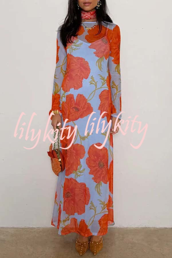 Perfect Cross-season Mesh Poppy Flower Print Long Sleeve Stretch Maxi Dress