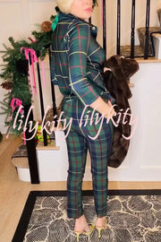 Embrace The Festival Plaid Twist Half Sleeve Shirt and Elastic Waist Pencil Pants Set