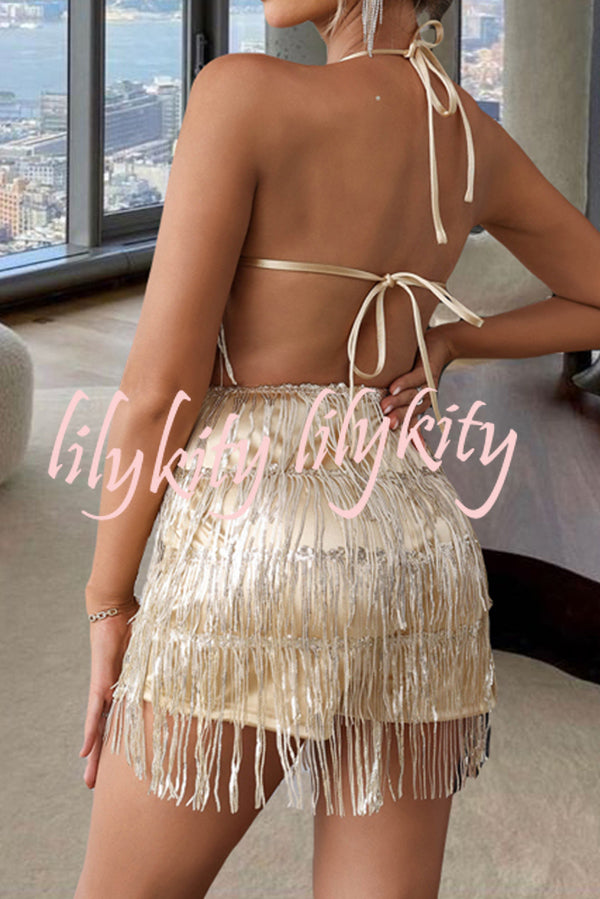 Shiny Sexy Halterneck Backless Lace-up Fringed Sequin Rompers