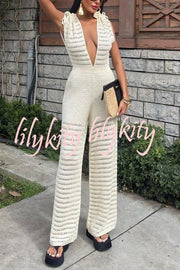 Solid Color Knitted V-neck Holiday Hollow Casual Jumpsuit