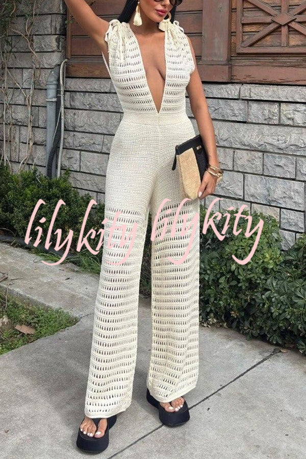Solid Color Knitted V-neck Holiday Hollow Casual Jumpsuit