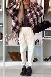 Fashion Plaid Print Lapel Long Sleeve Loose Zipper Jacket