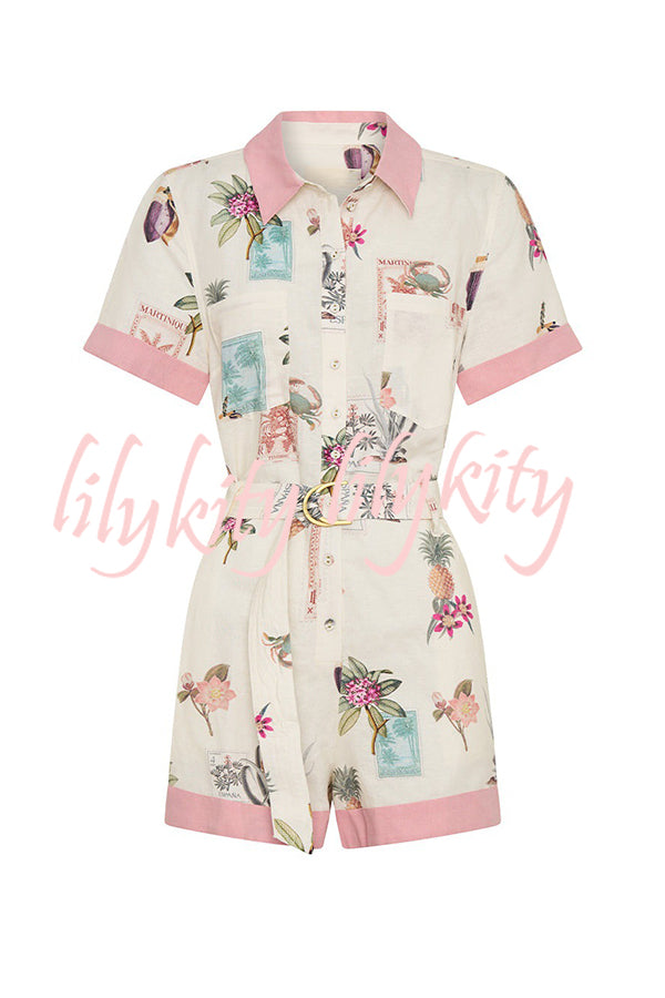 Plant Print Lapel Short Sleeves Loose Pocket Waist Tie Casual Rompers