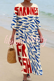 Unique Marine Print V-neck Short-sleeved Midi Dress