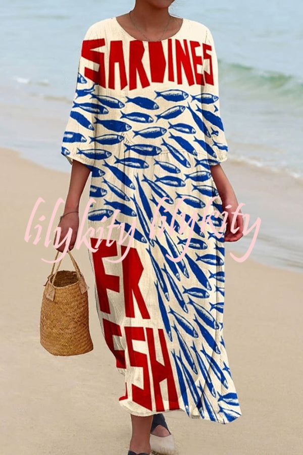 Unique Marine Print V-neck Short-sleeved Midi Dress