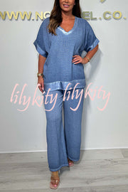 Fashionable V-neck Short-sleeved Loose Top and Elastic Waist Casual Wide-leg Pants Set