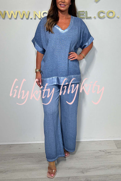 Fashionable V-neck Short-sleeved Loose Top and Elastic Waist Casual Wide-leg Pants Set
