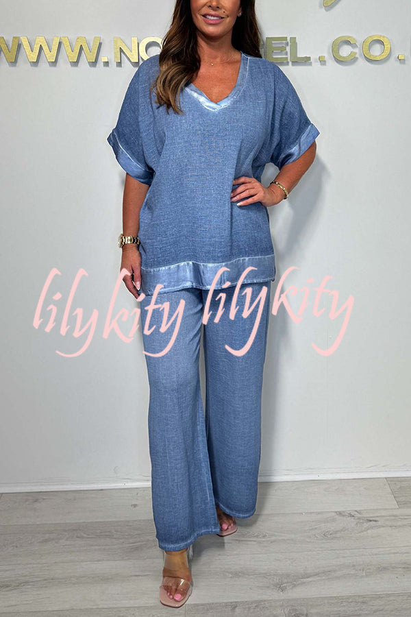 Fashionable V-neck Short-sleeved Loose Top and Elastic Waist Casual Wide-leg Pants Set