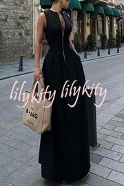 Stylish Sleeveless Zippered V-neck Slim Fit Maxi Dress