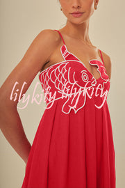 Red Fish Embroidered Sling Backless Maxi Dress