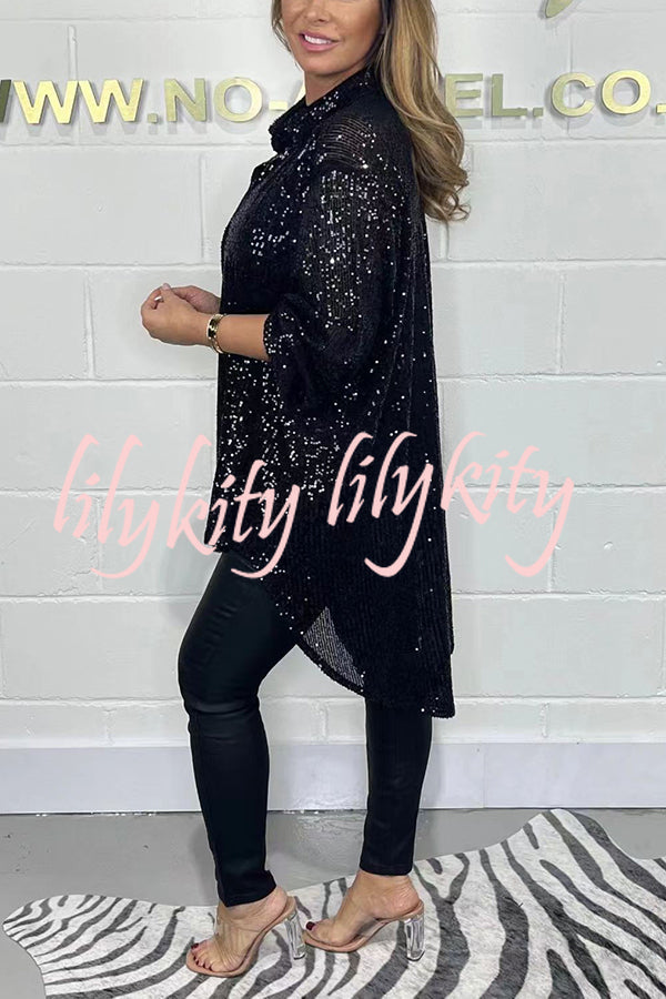 Party Season Solid Color Sequin Button Long Sleeve High Low Shirt