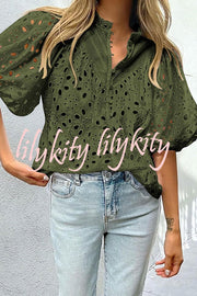 Hollow Embroidered Lace V-neck Buttoned Lantern Sleeve Blouse