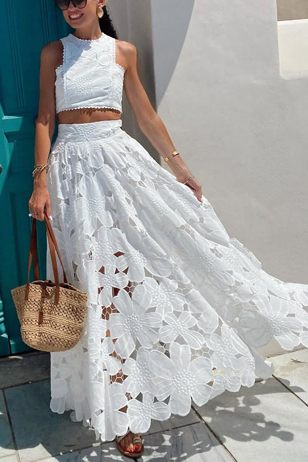 Next Trip Floral Embroidery Crochet Lace Crop Tank Top and Elastic Waist Pocket Maxi Skirt Set