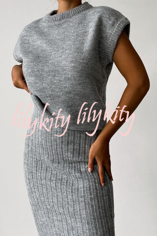 Triko Knit Short Sleeve Sweater and Stretch Ribbed Midi Skirt Set