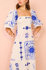 Sherbert Linen Blend Unique Print Square Neck Bubble Sleeve Maxi Dress