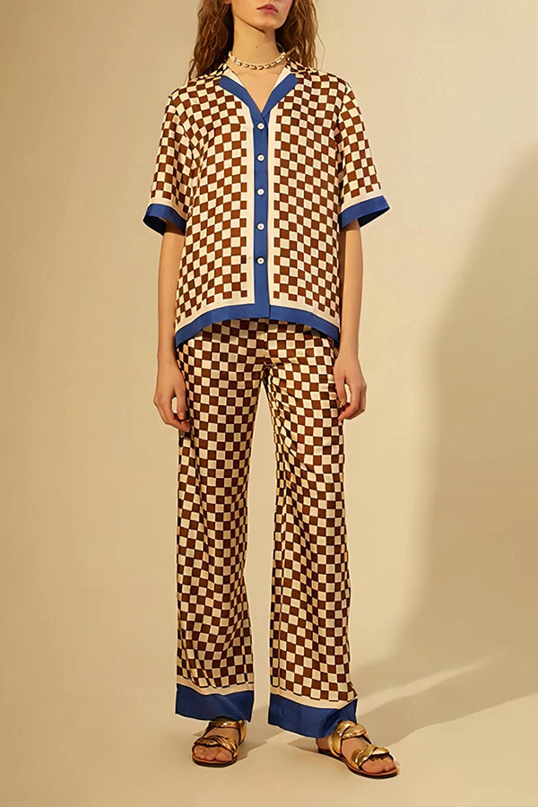 Olivia Satin Checkerboard Colorblock Print Shirt and Elastic Waist Pocketed Loose Pants Set