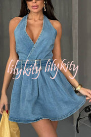 Fashionable Halterneck Open-back Belted Denim Mini Dress