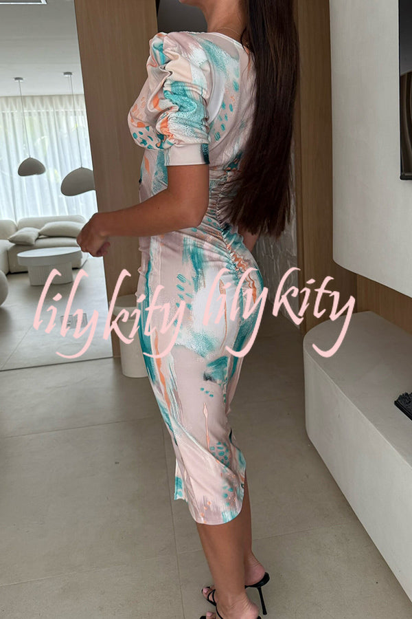 Unique Print V-Neck Puff Sleeve Slit Slim Midi Dress