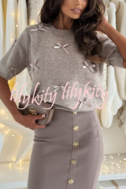 Light The Night Knit Satin Bow Detail Short Puff Sleeve Sweater