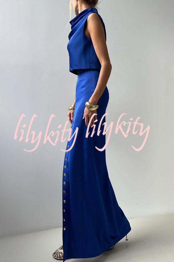 Solid Color Casual Sleeveless Crop Top and Elegant Button-down Maxi Skirt Set